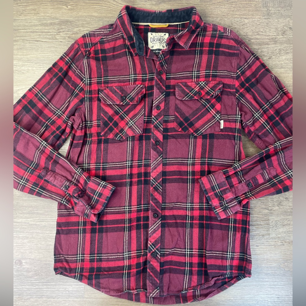Dravus Mens Red Black Plaid Flannel Shirt, size Large
